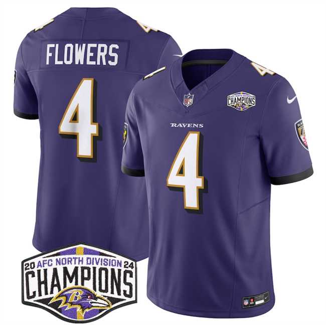 Mens Baltimore Ravens #4 Zay Flowers Purple F.U.S.E 2024 AFC North Division Champions Vapor Limited Jersey